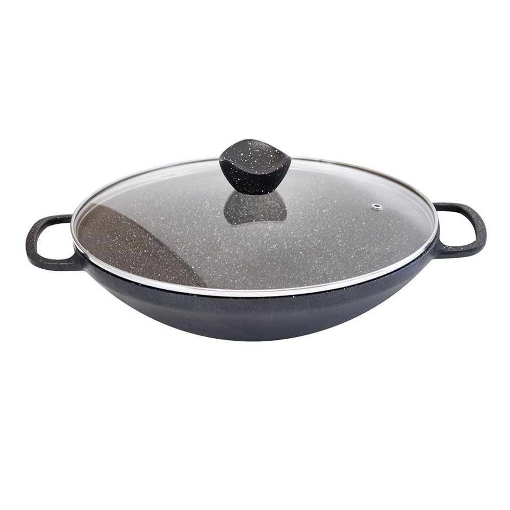 tabeh-chodan-wok-32cm-darshishe تابه ووک چدن سایز 32 با درب شیشهای